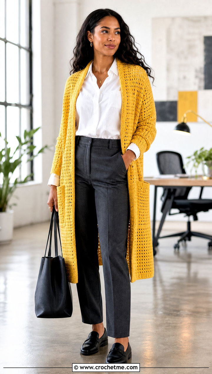 Reader Wrap With Tailored Trousers - 15 Crochet Shawls And Wraps With Pockets outfit ideas