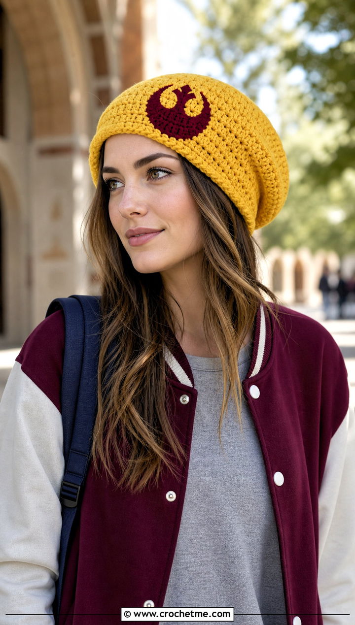 Rebel Alliance Crochet Slouch Hat With Varsity Jacket - 30 crochet star wars hat outfit ideas