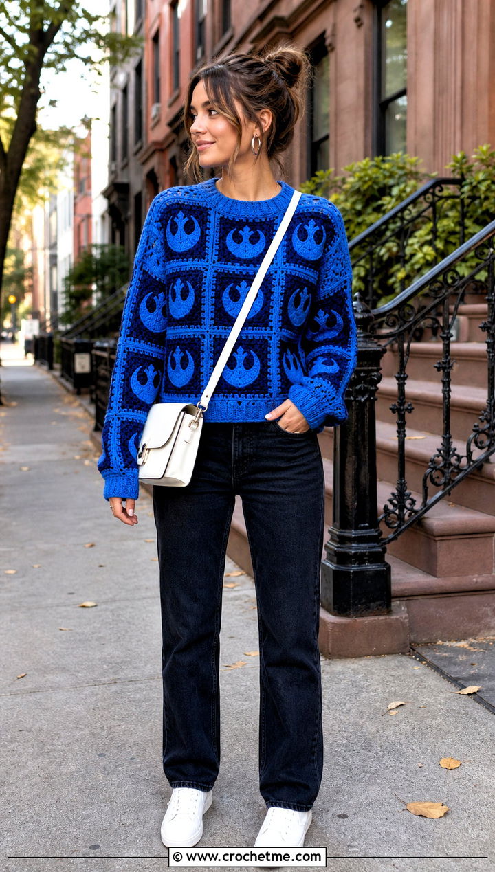 Rebel Alliance Granny Square Crochet Sweater With Jeans - 25 Star Wars Crochet Clothes and outfit ideas
