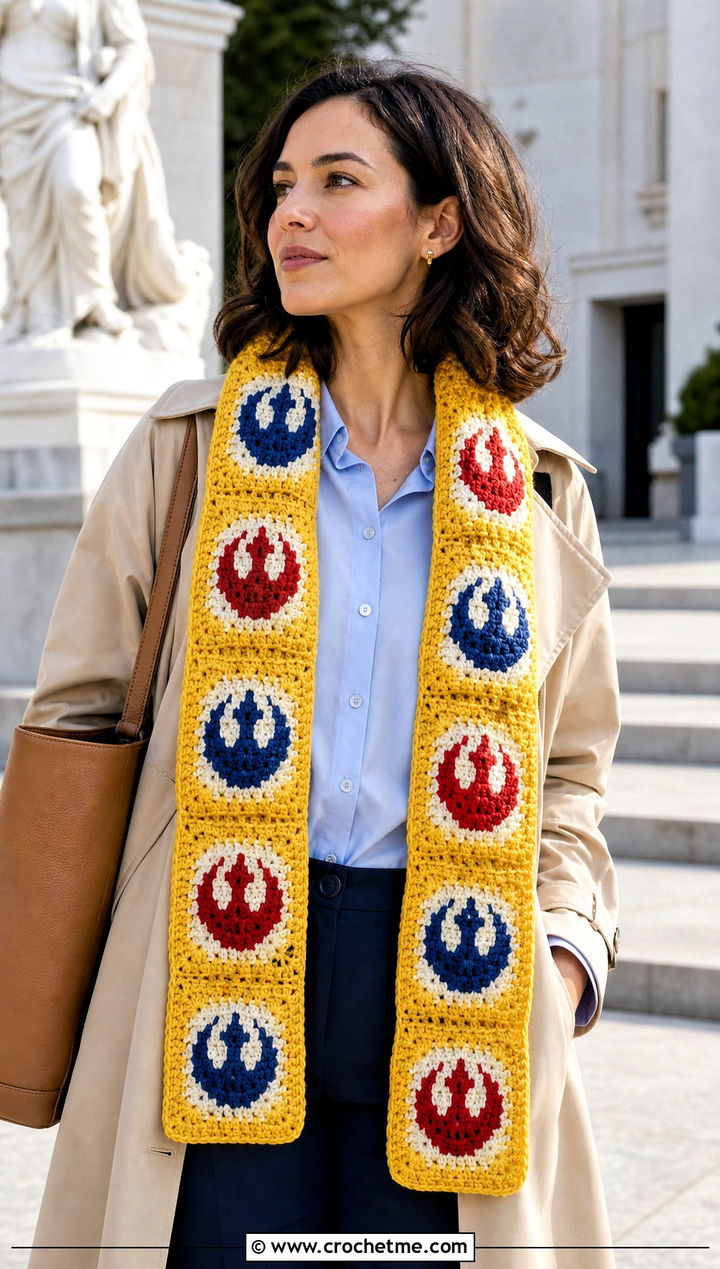 Rebel Alliance Granny Square Scarf With Trench Coat - 15 Crochet Star Wars Scarf outfit ideas