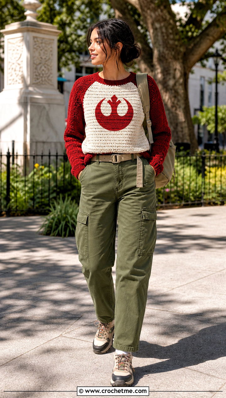 Rebel Alliance Raglan Crochet Sweater With Cargo Pants - 20 Star Wars Crochet Sweater outfit ideas