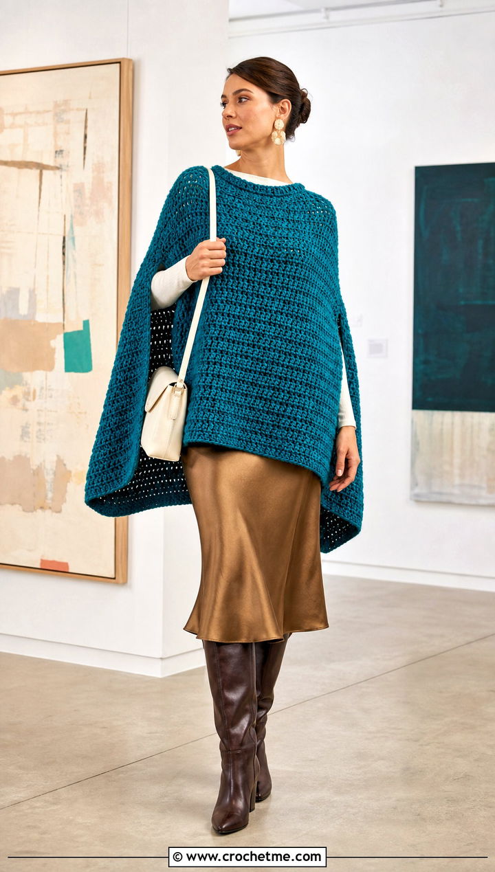 Rectangle Chunky Crochet Poncho With Slip Skirt - 25 Chunky Crochet Poncho outfit ideas