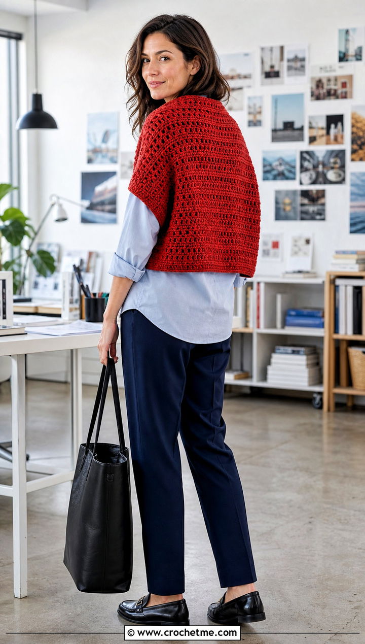 Rectangle Chunky Crochet Shrug With Button Down Shirt - 25 Chunky Crochet Shrug outfit ideas