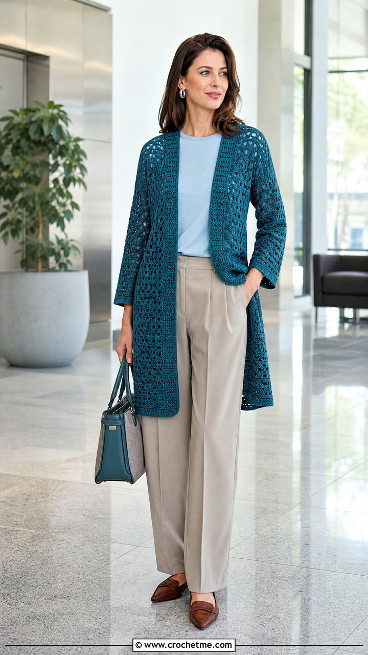 Rectangle Crochet Cardigan With Tailored Trousers - 35 beginner crochet clothes and outfit ideas