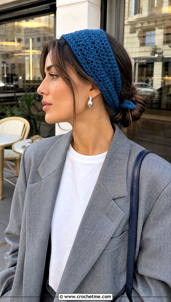 Rectangle Crochet Head Scarf With Blazer And Jeans - 15 crochet head wraps outfit ideas