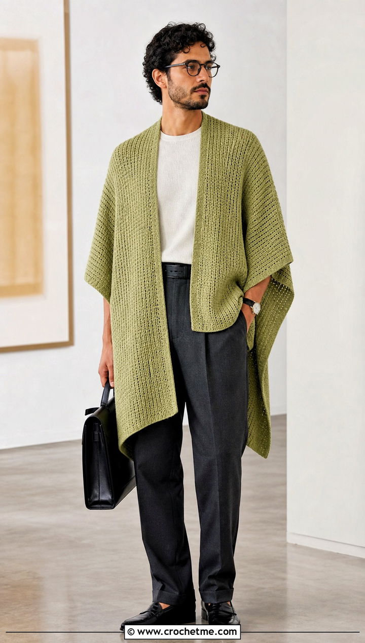 Rectangle Crochet Mens Poncho With Pleated Trousers - 25 crochet men's poncho outfit ideas