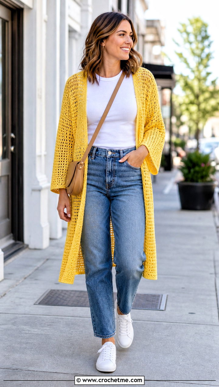 Rectangle Crochet One Piece Cardigan With Straight Jeans - 30 crochet one piece cardigan outfit ideas