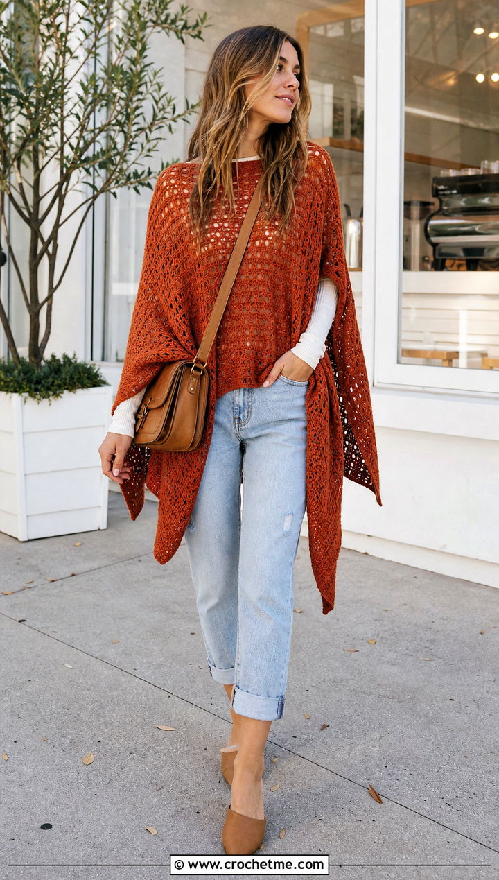 Rectangle Crochet Poncho Sweater With Boyfriend Jeans - 35 crochet poncho sweater outfit ideas