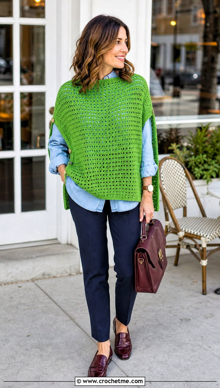 Rectangle Crochet Poncho With A Denim Shirt - 15 Crocheted Poncho outfit ideas