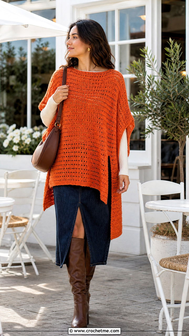 Rectangle Crochet Poncho With Denim Midi Skirt - 35 crochet poncho woman outfit ideas
