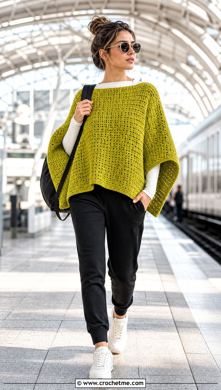 Rectangle Crochet Poncho With Joggers And Retro Sneakers - 20 Crochet Fall Poncho outfit ideas