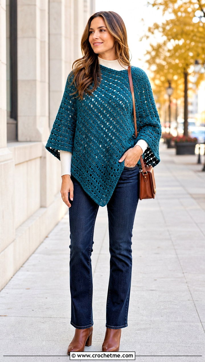 Rectangle Crochet Poncho With Slim Jeans And Boots - 25 easy clothes to crochet outfit ideas