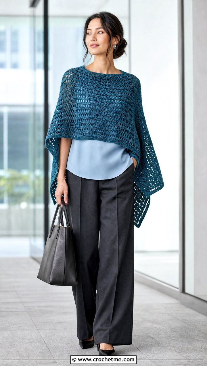 Rectangle Crochet Poncho With Tailored Trousers - 20 crochet lightweight poncho outfit ideas