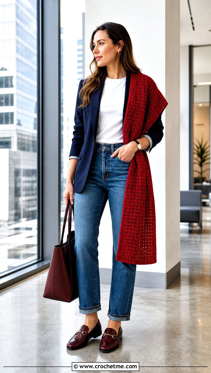 Rectangle Crochet Shawl With Blazer And Straight Jeans - 15 Crochet Shawls And Ponchos outfit ideas