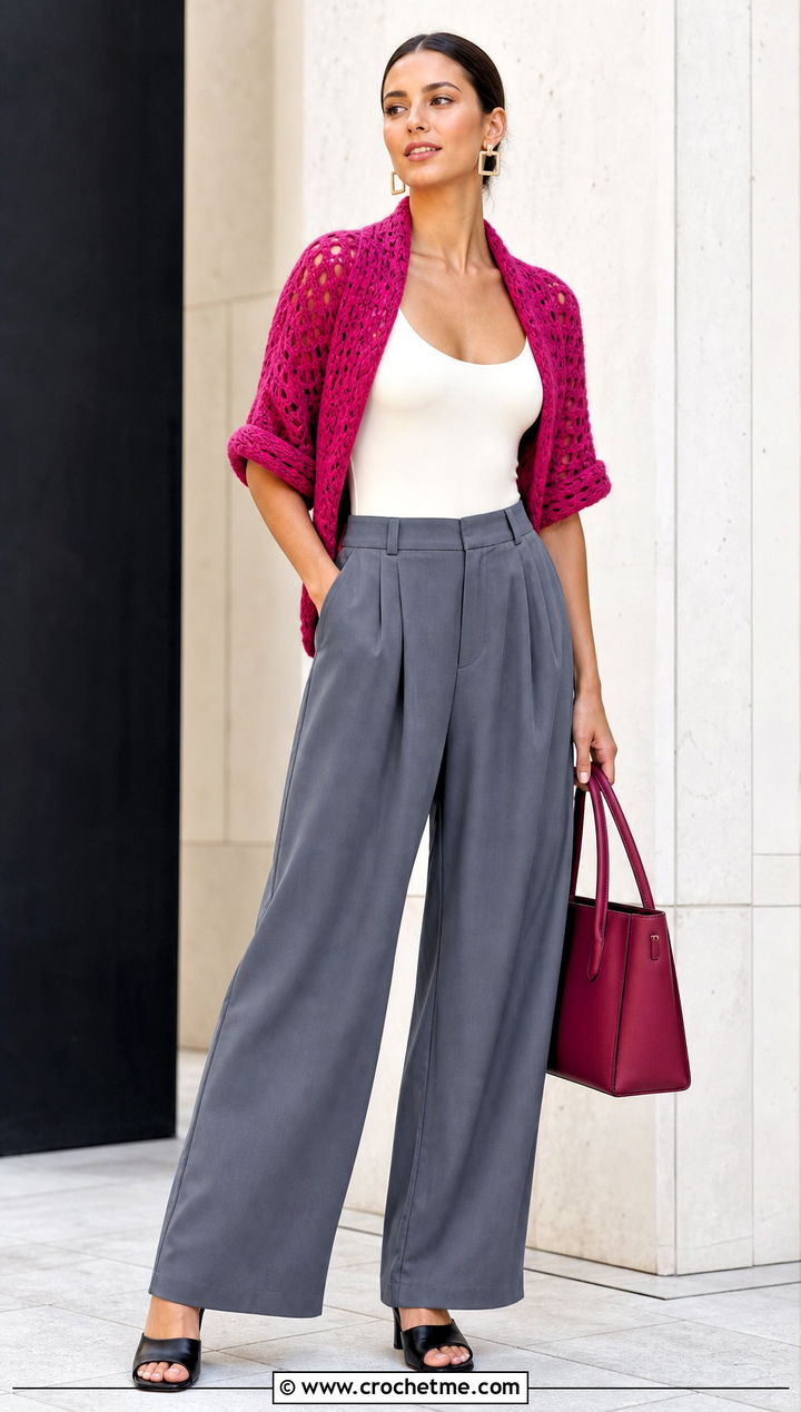 Rectangle Crochet Shrug With Bodysuit And Trousers - 25 cute crochet shrug outfit ideas