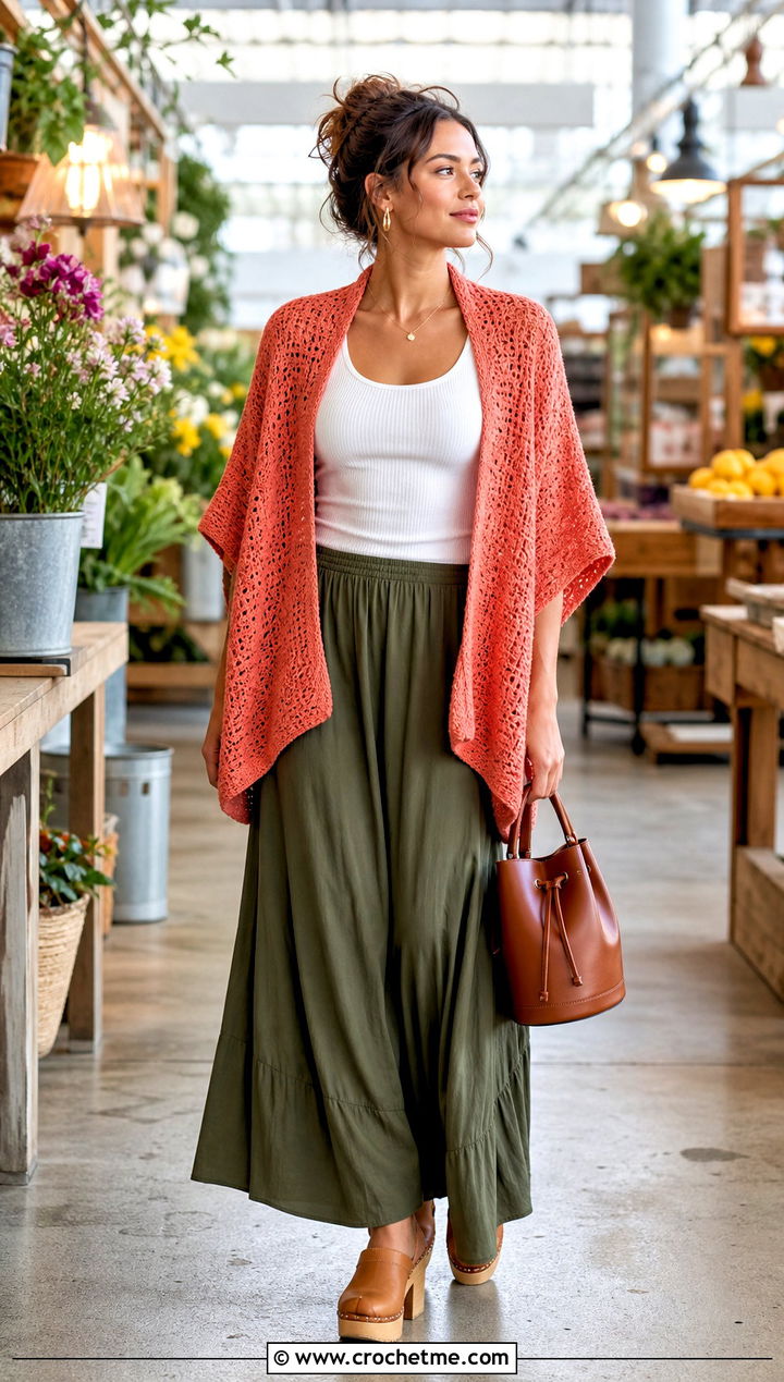 Rectangle Crochet Shrug With Maxi Skirt - 30 easy simple crochet shrug outfit ideas