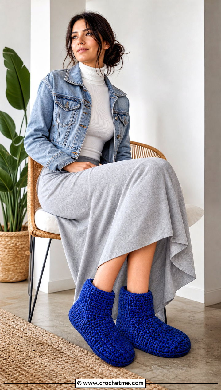 Rectangle Crochet Slipper Boots With A Maxi Skirt - 20 Easy Crochet Slippers From A Rectangle outfit ideas