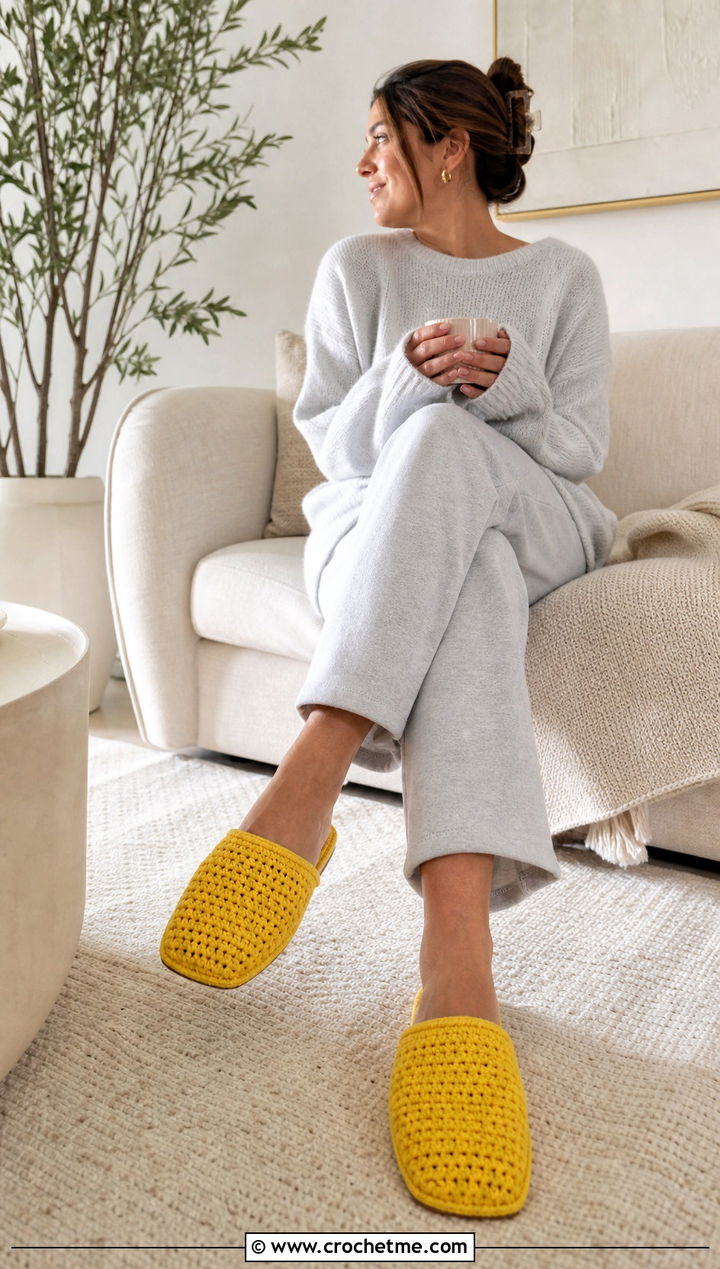 Rectangle Crochet Slippers With Knit Lounge Set - 25 Easy Crochet Slippers For Beginners outfit ideas