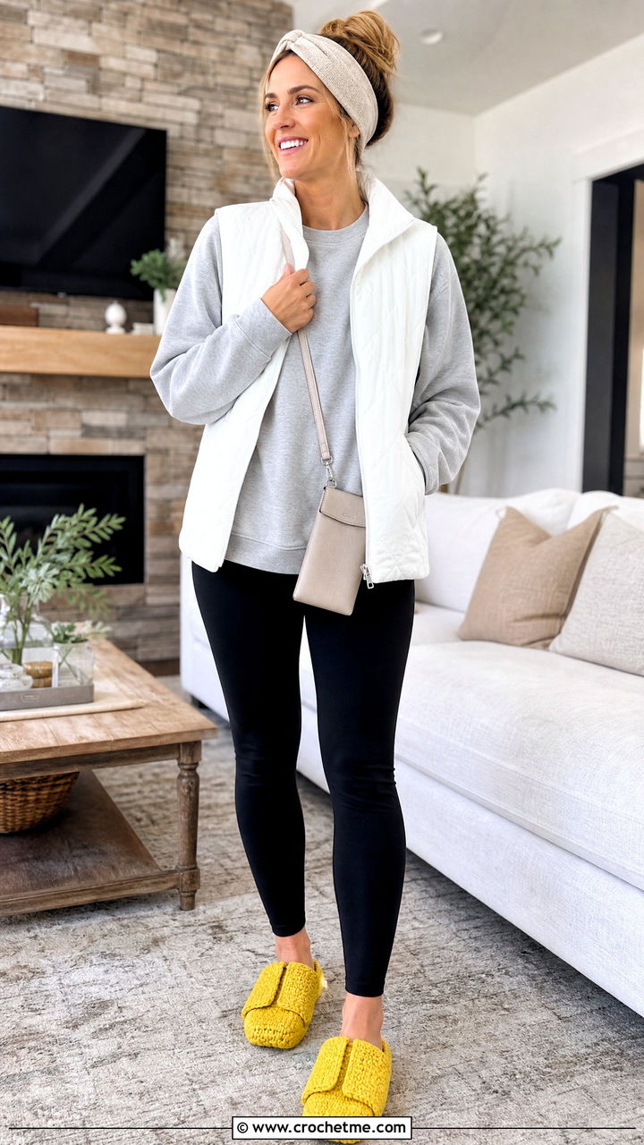 Rectangle Crochet Slippers With a Sweatshirt and Leggings - 35 easy crochet slippers adult outfit ideas