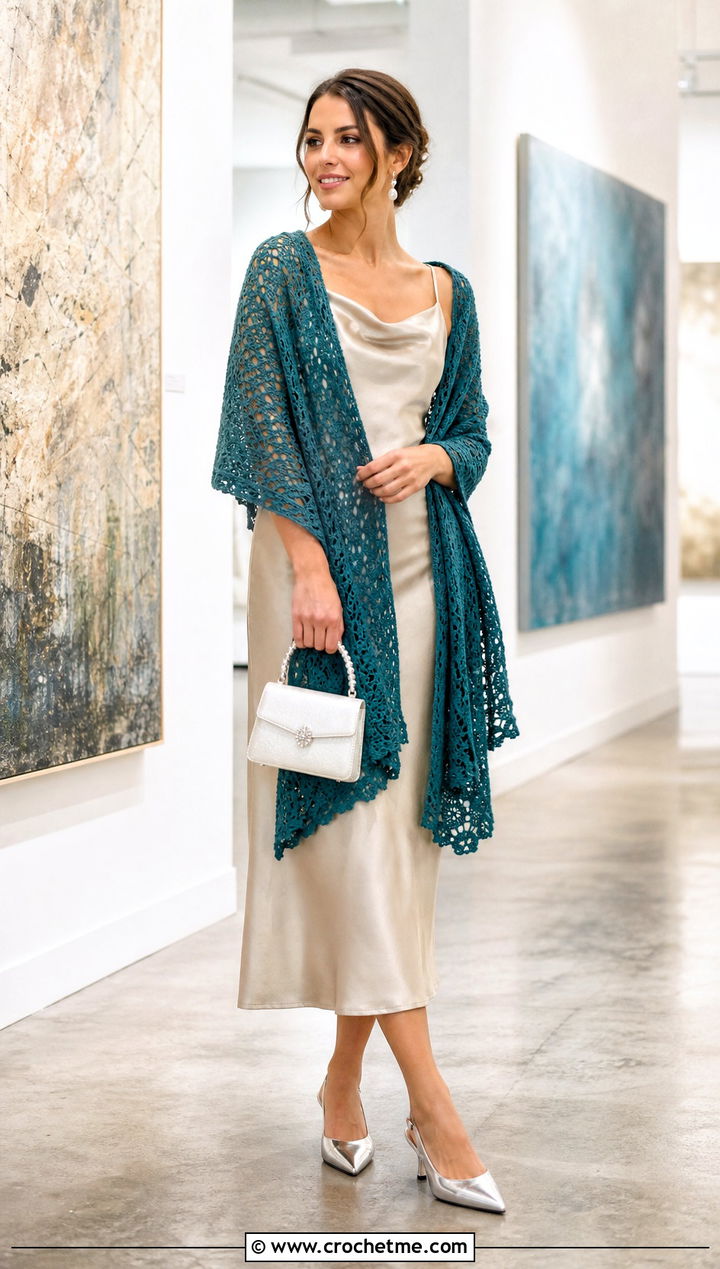 Rectangle Crochet Stole With Satin Slip Dress - 35 quick crochet shawl outfit ideas