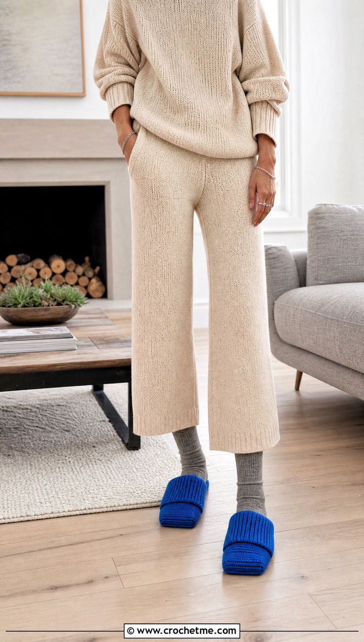 Rectangle Folded Crochet Slippers With Knit Lounge Set - 25 Folded Crochet Slippers outfit ideas