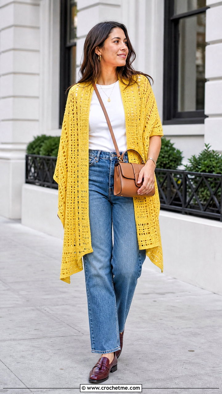 Rectangle Prayer Shawl With Straight Leg Jeans - 35 crochet prayer shawl outfit ideas
