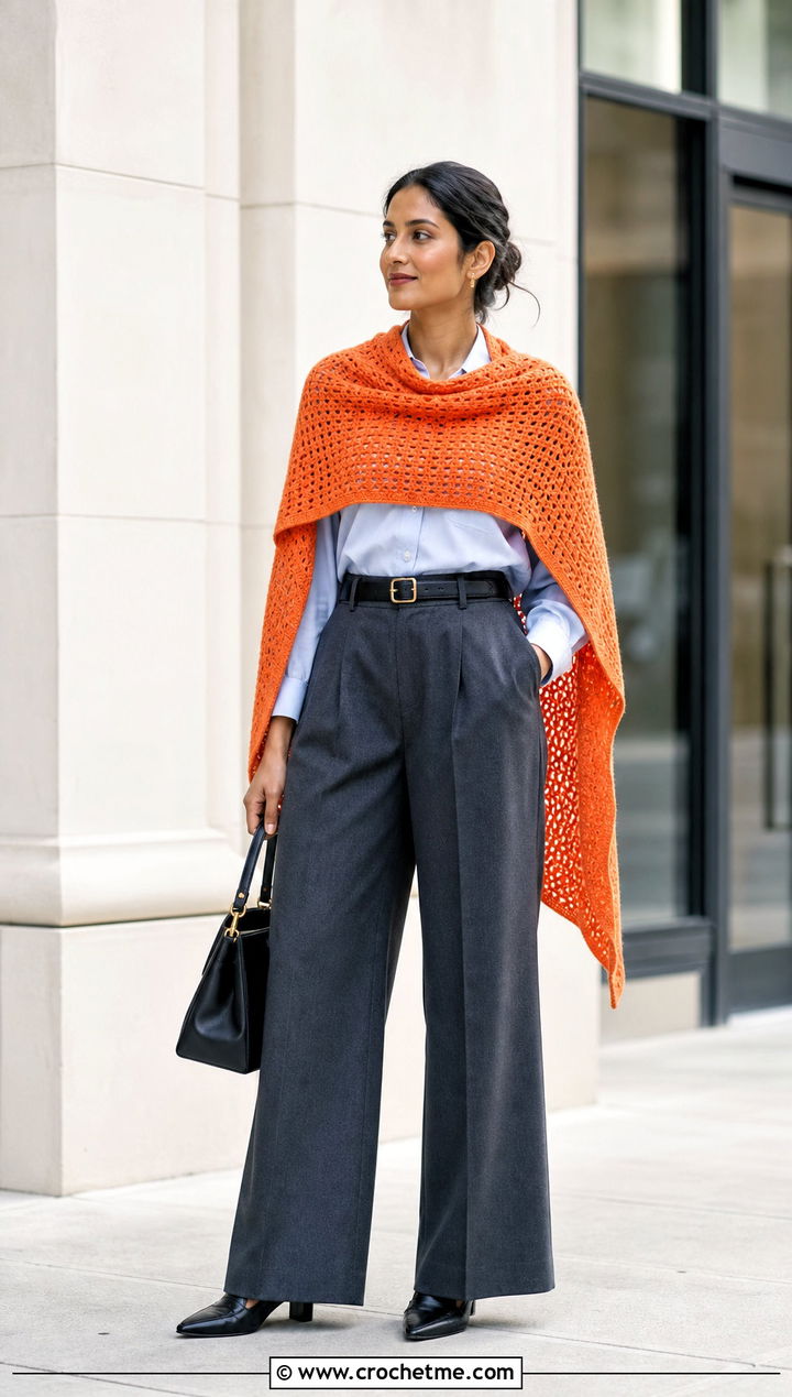 Rectangular Block Stitch Crochet Shawl With Tailored Trousers - 15 Block Stitch Crochet Shawl outfit ideas