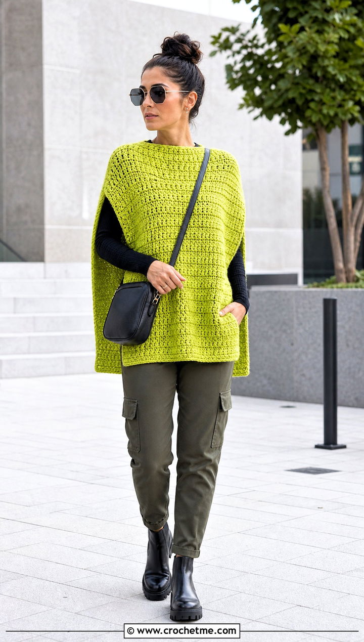 Rectangular Chunky Crochet Poncho With Cargo Pants - 25 Chunky Yarn Crochet Poncho outfit ideas