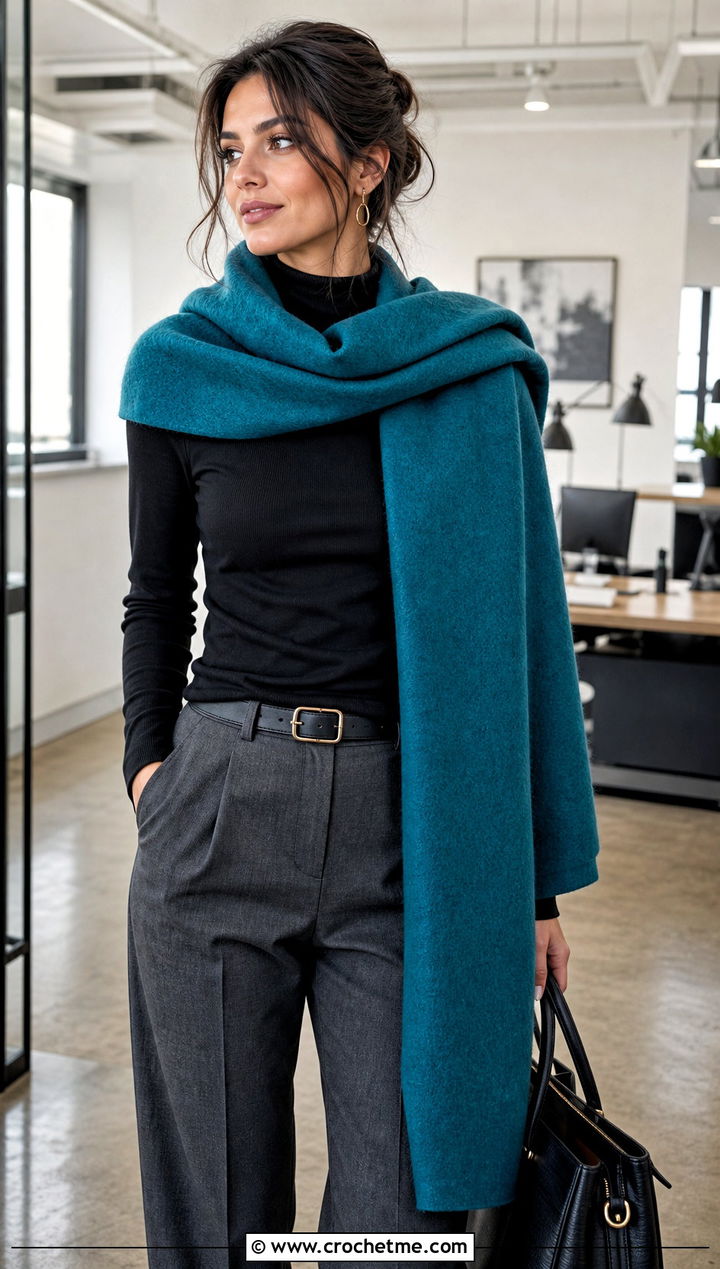 Rectangular Chunky Wrap Shawl With Tailored Trousers - 25 Crochet Chunky Shawl outfit ideas