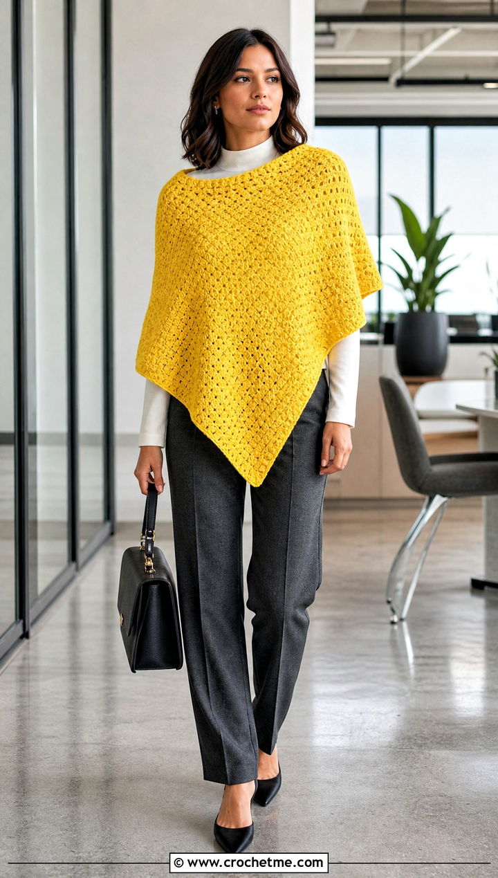 Rectangular Corner To Corner Crochet Poncho With Tailored Trousers - 15 Corner To Corner Crochet Poncho outfit ideas