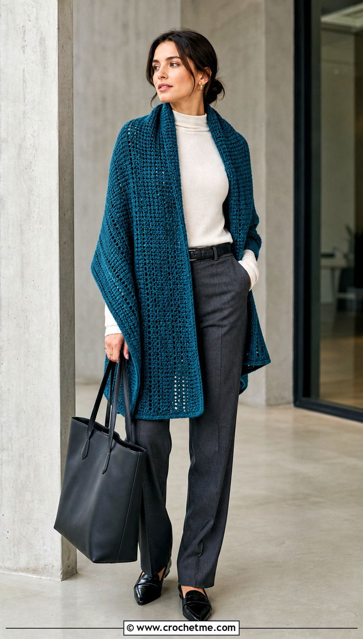 Rectangular Crochet Blanket Shawl With Tailored Trousers - 30 crochet blanket shawl outfit ideas