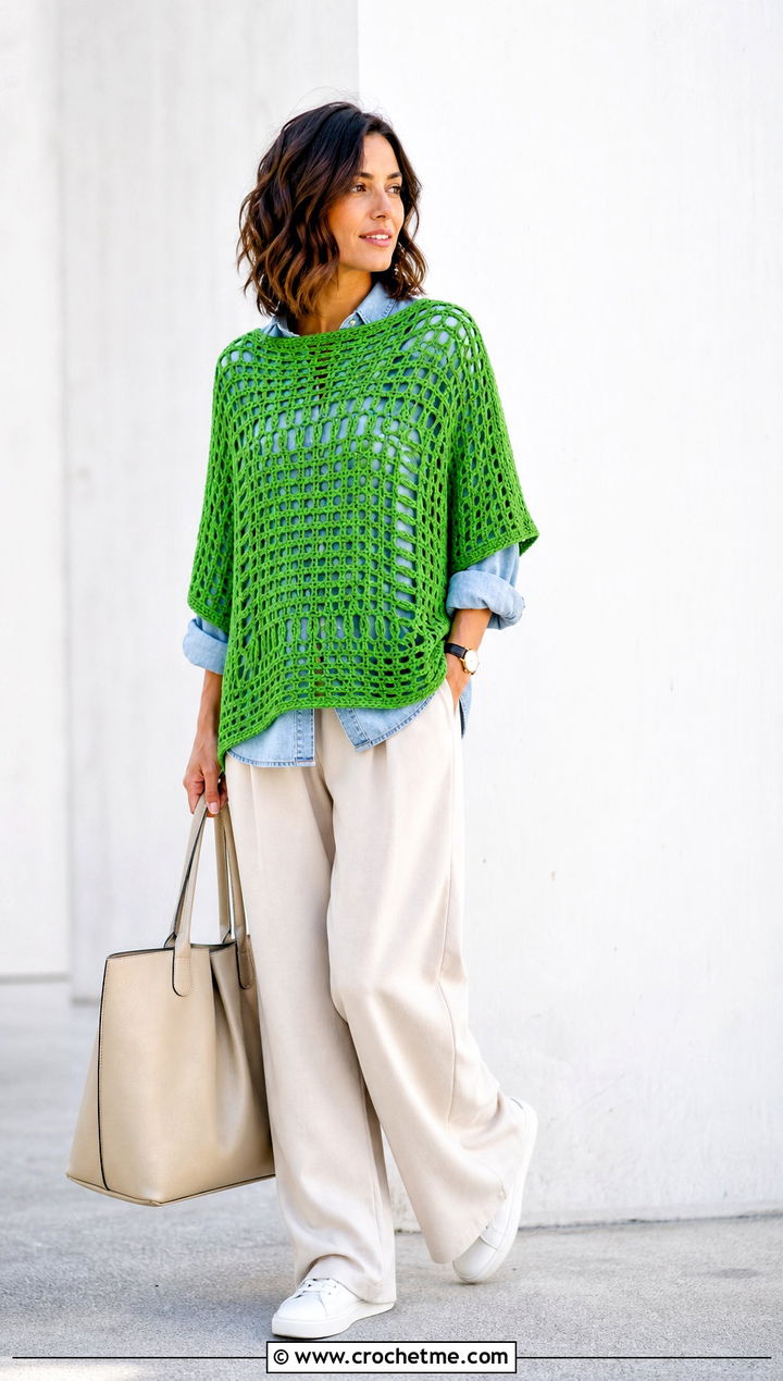 Rectangular Crochet Boho Poncho With Denim Shirt - 30 crochet boho poncho outfit ideas