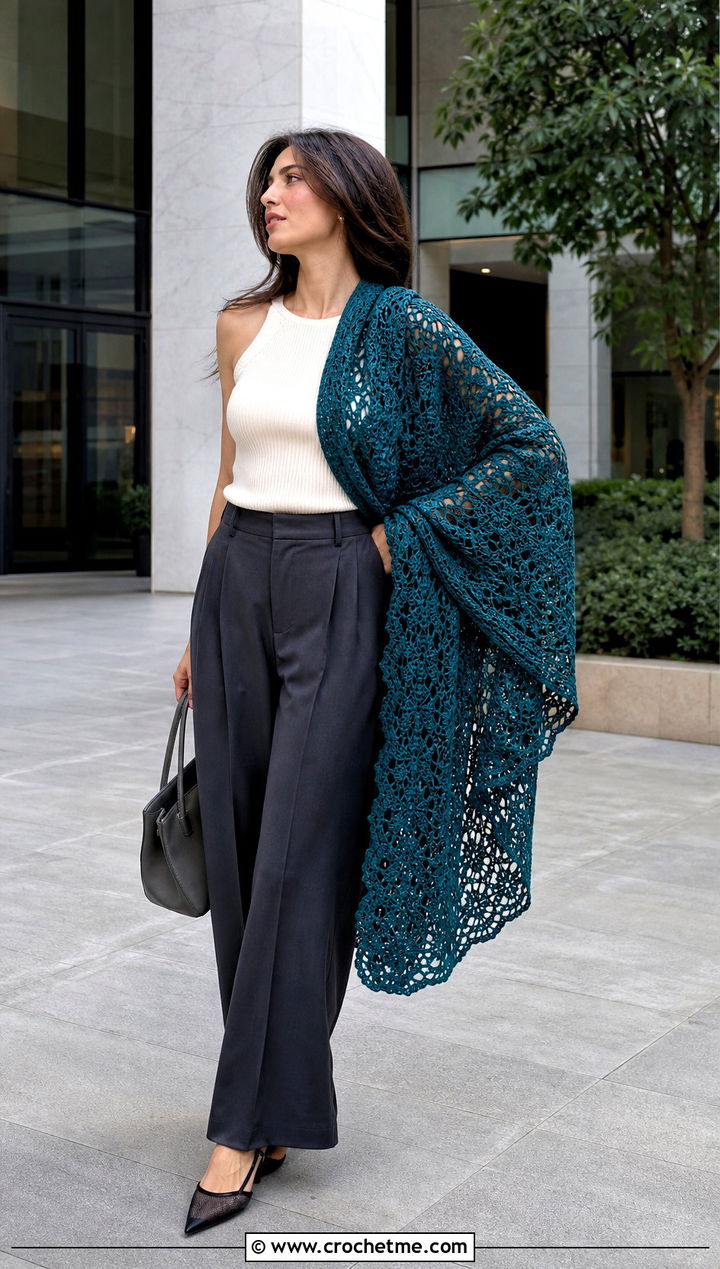 Rectangular Crochet Boho Shawl With Wide Leg Trousers - 30 crochet boho shawl outfit ideas