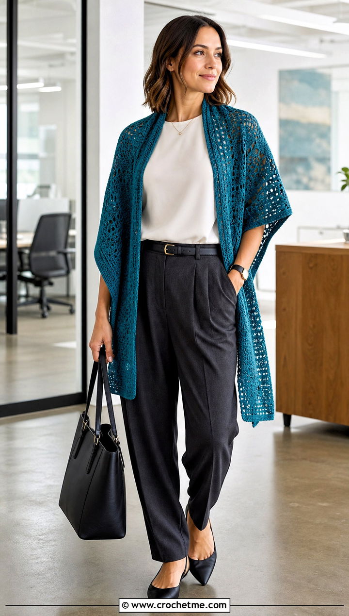 Rectangular Crochet Cotton Shawl With Tailored Workwear - 15 Crochet Cotton Shawl outfit ideas