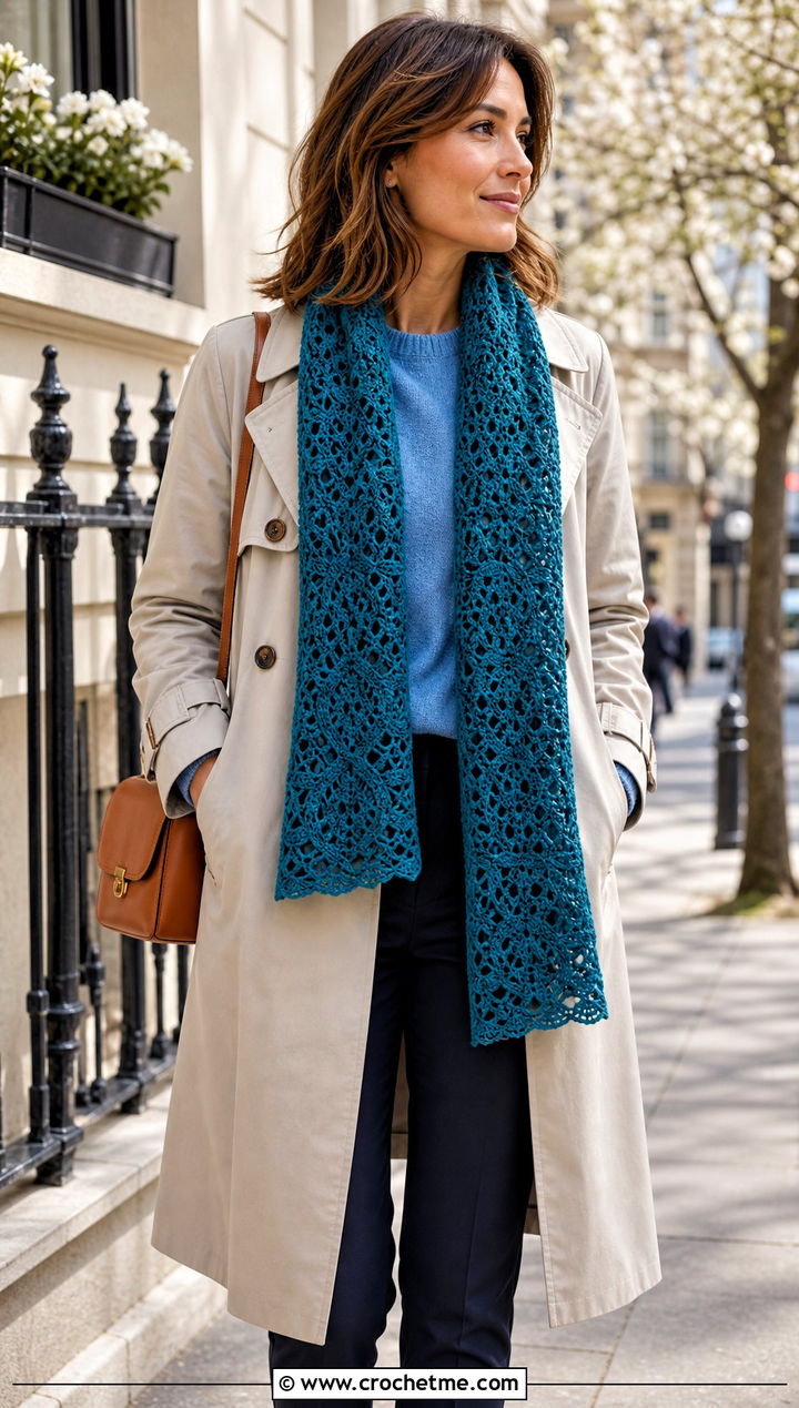 Rectangular Crochet Lace Scarf With Trench Coat And Loafers - 30 easy crochet lace scarf outfit ideas