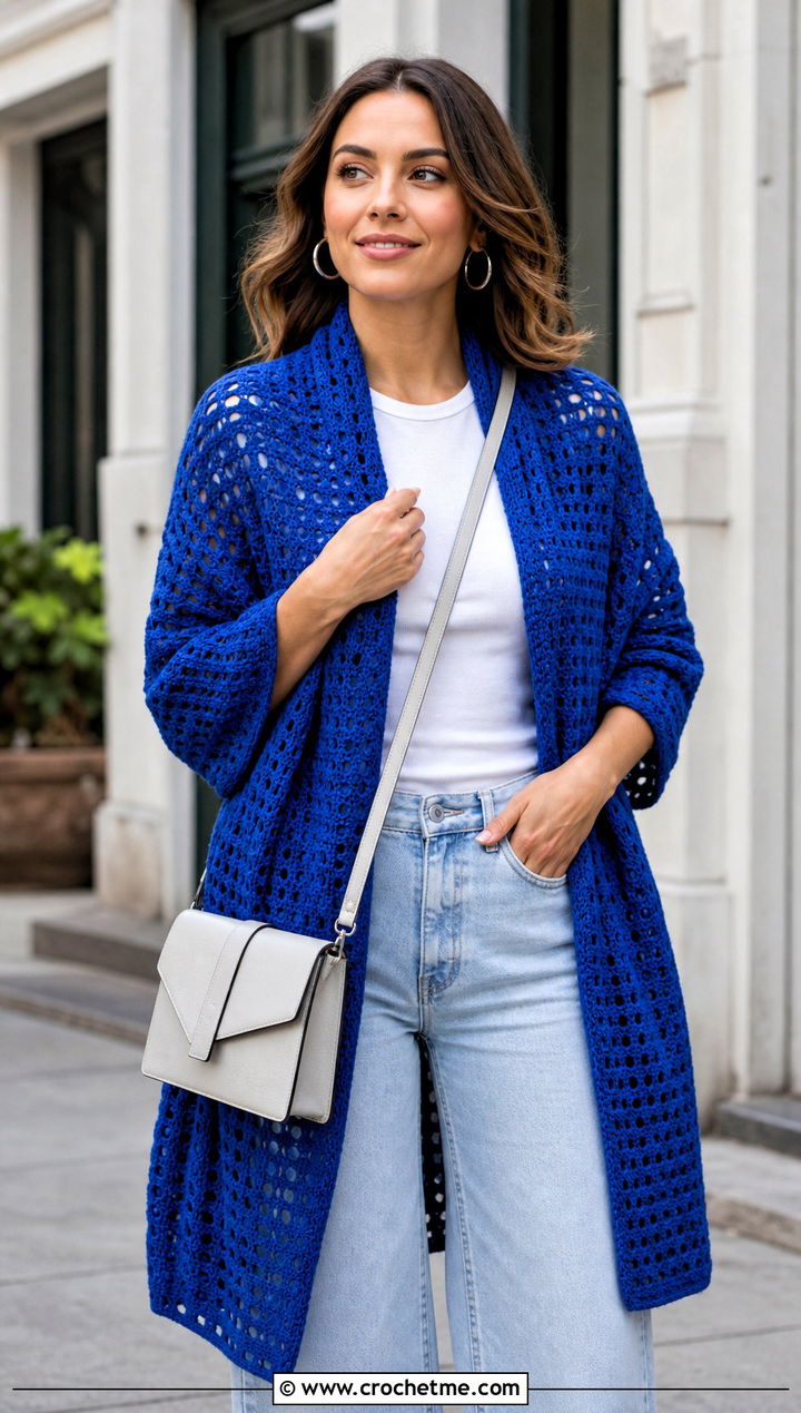 Rectangular Crochet Long Shawl With Wide Leg Jeans - 20 Crochet Long Shawl outfit ideas