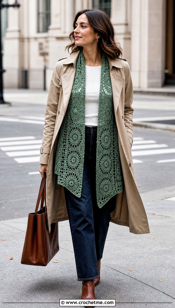 Rectangular Crochet Mandala Shawl With Trench Coat - 25 Crochet Mandala Shawl outfit ideas