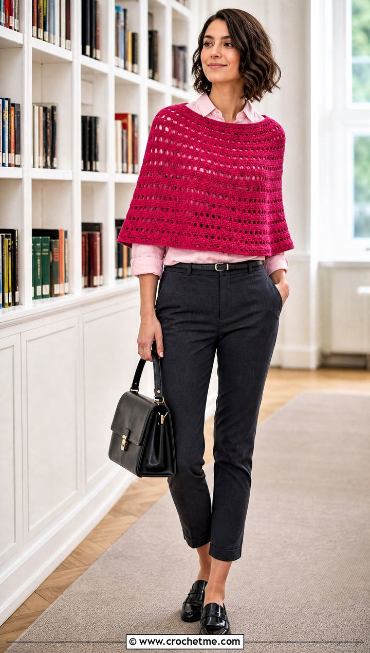 Rectangular Crochet Poncho With Button Down Shirt - 15 Modern Crochet Poncho outfit ideas