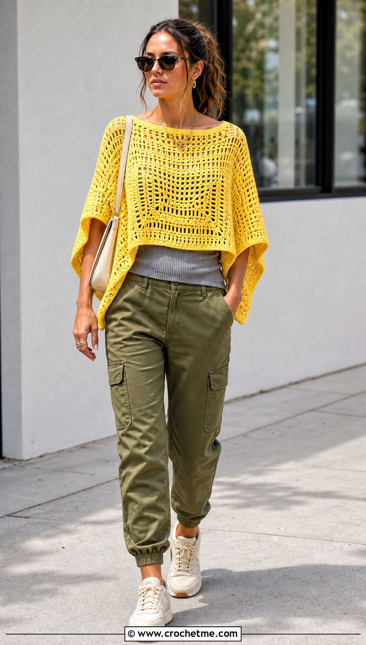 Rectangular Crochet Poncho With Cargo Pants - 15 diy crochet poncho outfit ideas