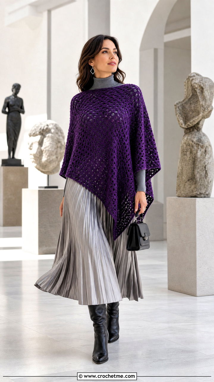 Rectangular Crochet Poncho With Pleated Midi Skirt - 35 easy crochet poncho woman outfit ideas