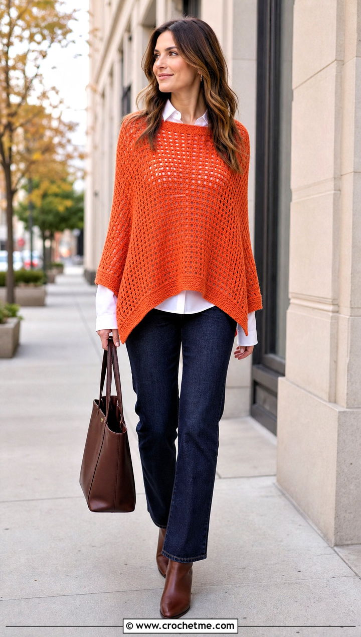 Rectangular Crochet Poncho With White Shirt And Jeans - 25 Easy Simple Crochet Poncho outfit ideas