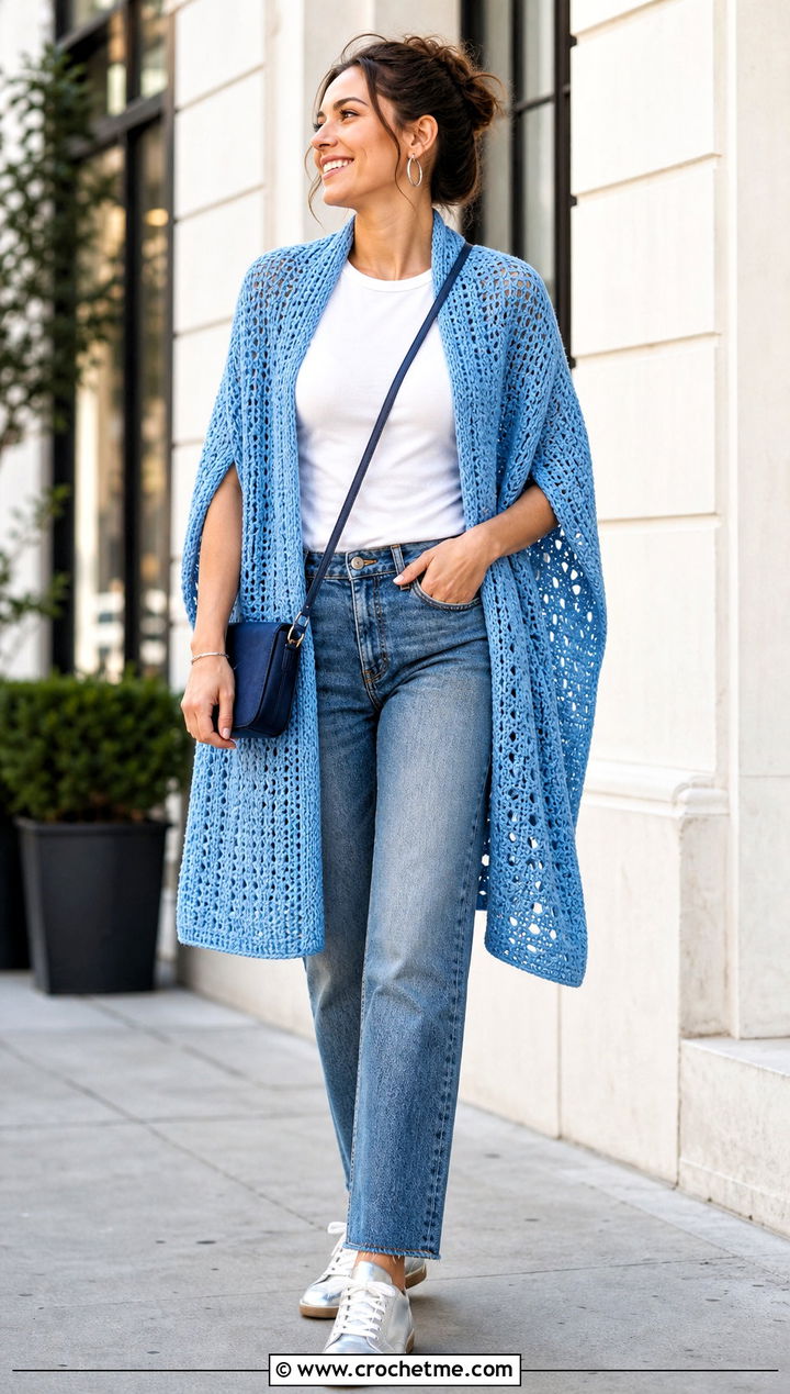 Rectangular Crochet Shawl With Arm Holes And Straight Leg Jeans - 30 crochet shawl with arm holes outfit ideas
