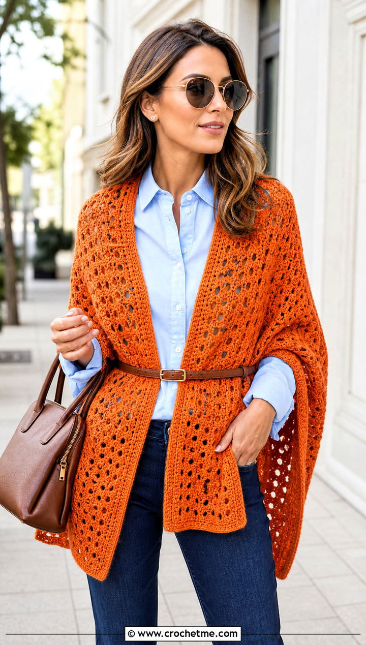 Rectangular Crochet Shawl With Button Down Shirt - 15 Never Ending Crochet Shawl outfit ideas