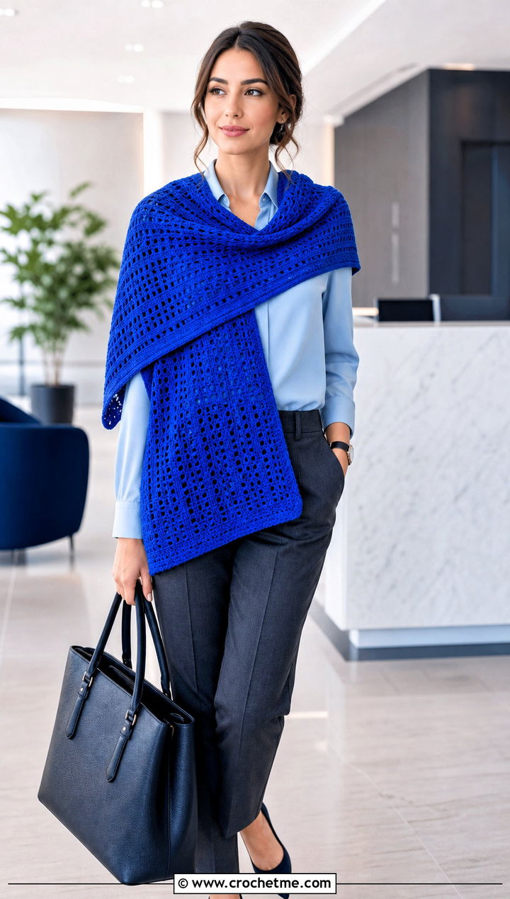 Rectangular Crochet Shawl With Tailored Trousers - 25 Fall Crochet Shawl outfit ideas