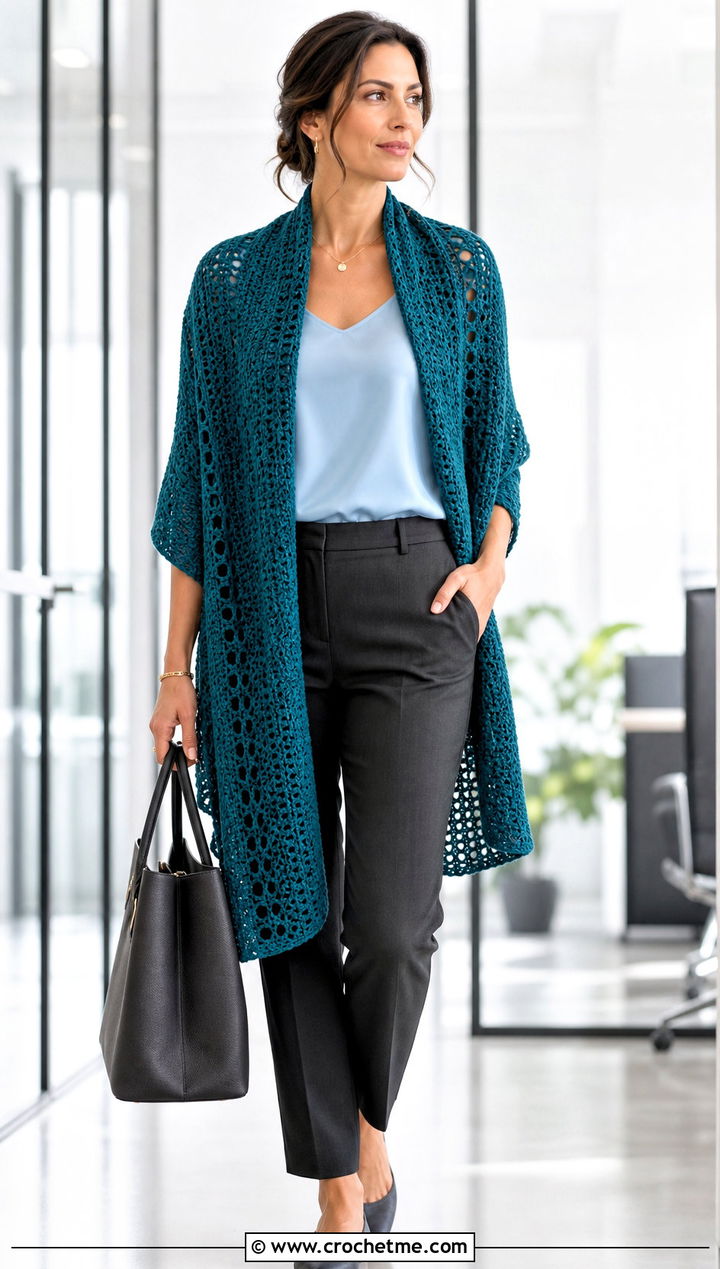Rectangular Crochet Shawl With Tailored Trousers - 25 Crochet A Shawl outfit ideas