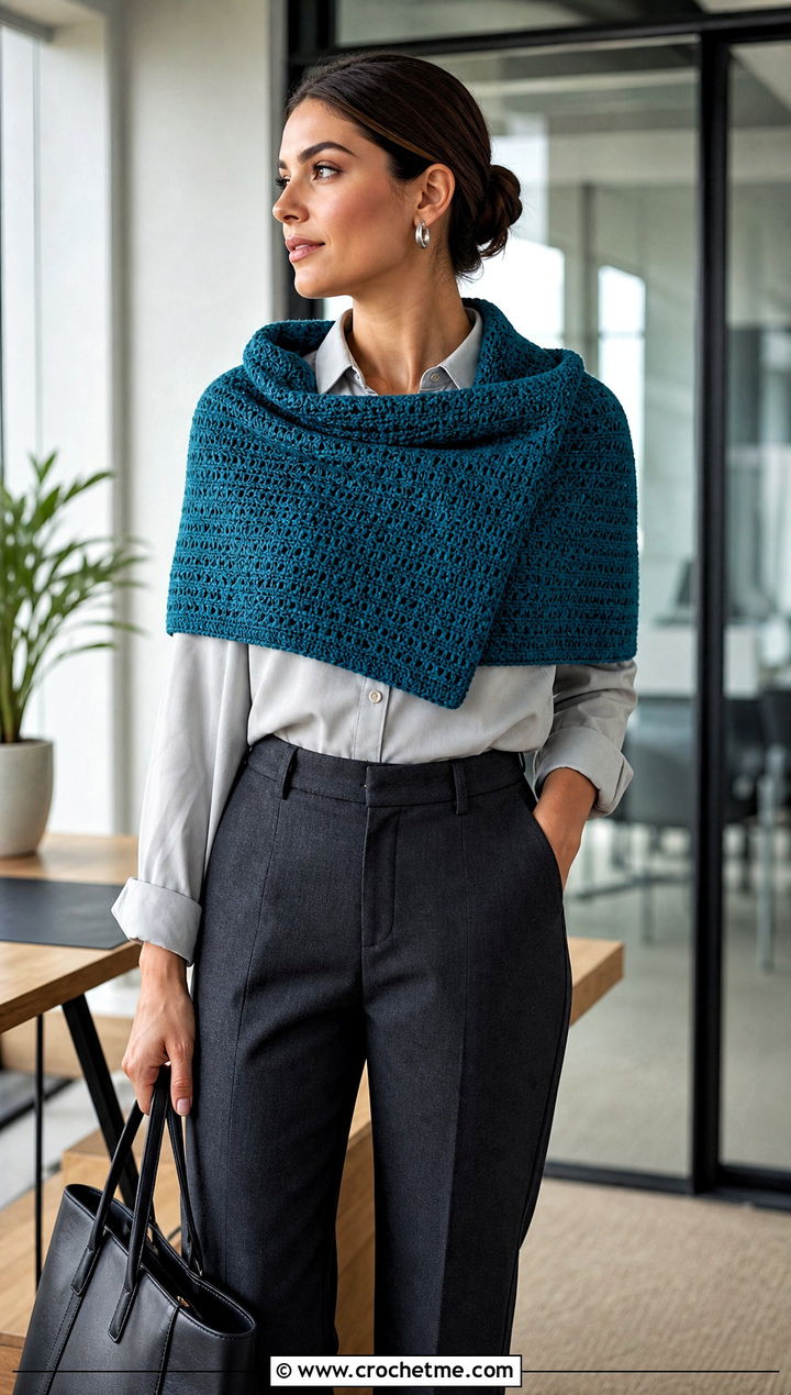 Rectangular Crochet Shoulder Wrap With Tailored Trousers - 25 Crochet Shoulder Shawl outfit ideas
