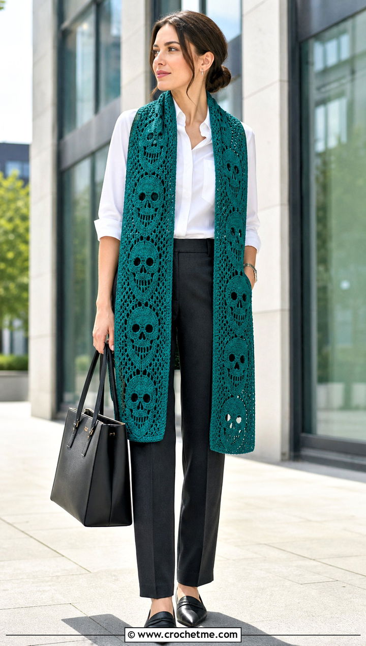 Rectangular Crochet Skull Stole With Tailored Trousers - 35 crochet skull shawl outfit ideas