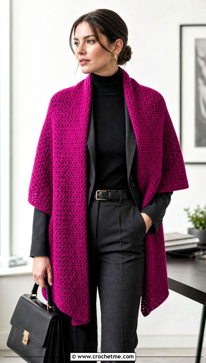 Rectangular Crochet Stole Shawl With Trouser Suit - 30 winter crochet shawl outfit ideas