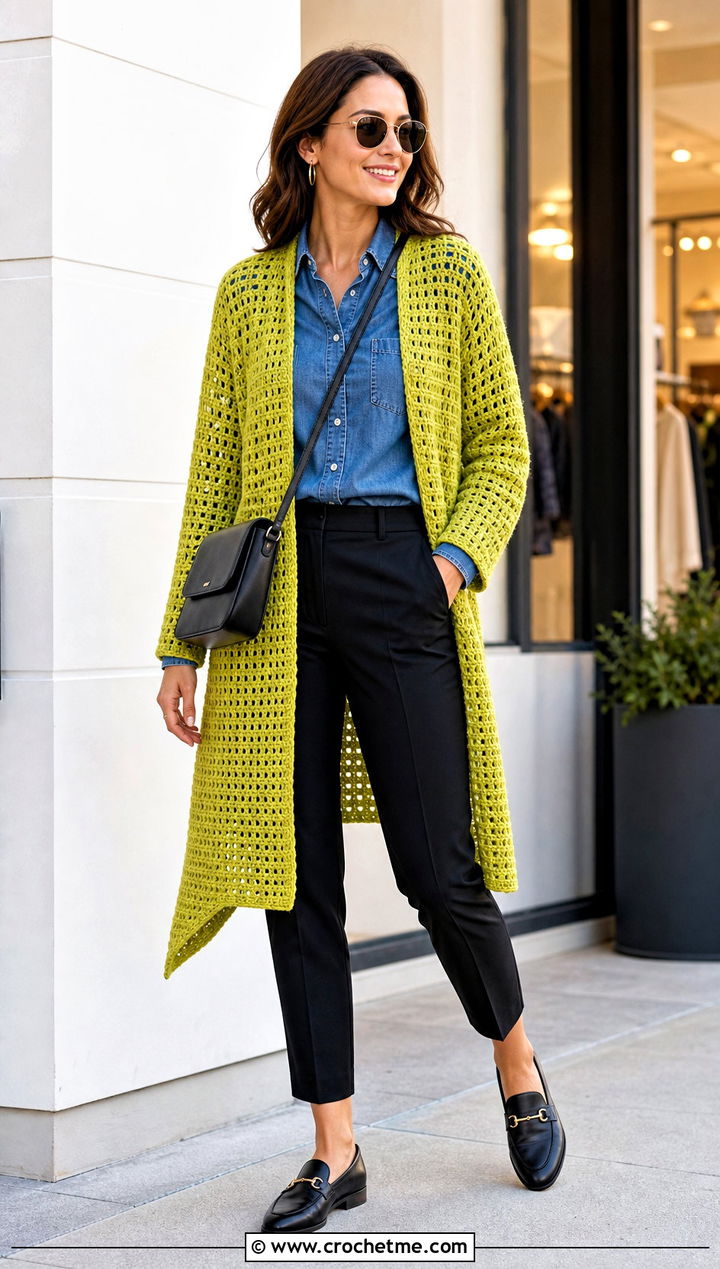 Rectangular Crochet Stole Sweater With Denim Shirt - 25 crochet shawl sweater outfit ideas