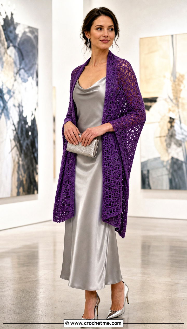 Rectangular Crochet Stole With Satin Slip Dress And Heels - 15 Easy Crochet Shawls outfit ideas